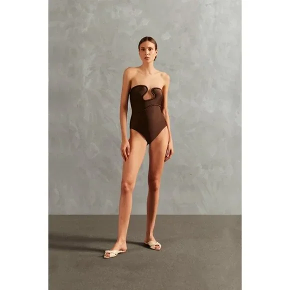 ADRIANA DEGREAS Waves Strapless One Piece Swimsuit in Coffee Medium New Womens